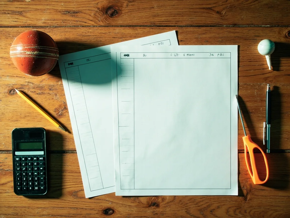Real wooden desk with two blank score sheets, calculator and cricket ball for venue reads