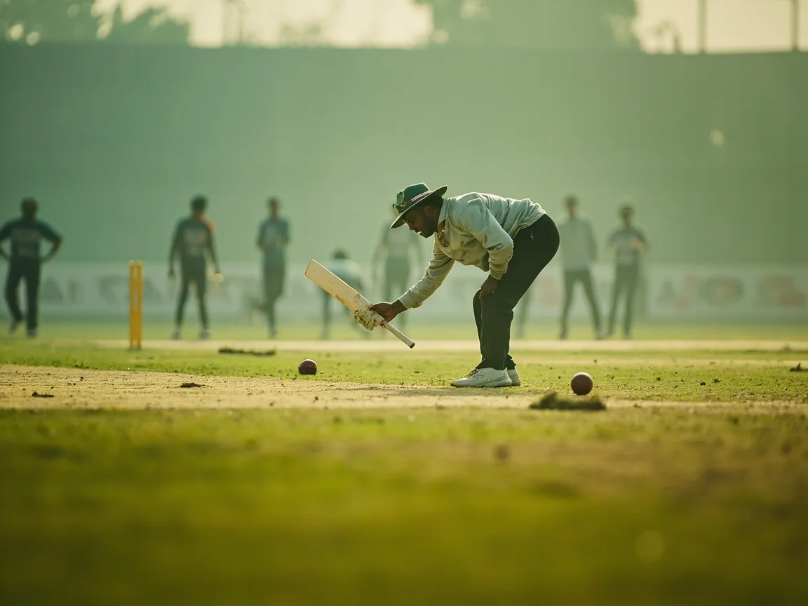 Local cricket ground before play with players warming up