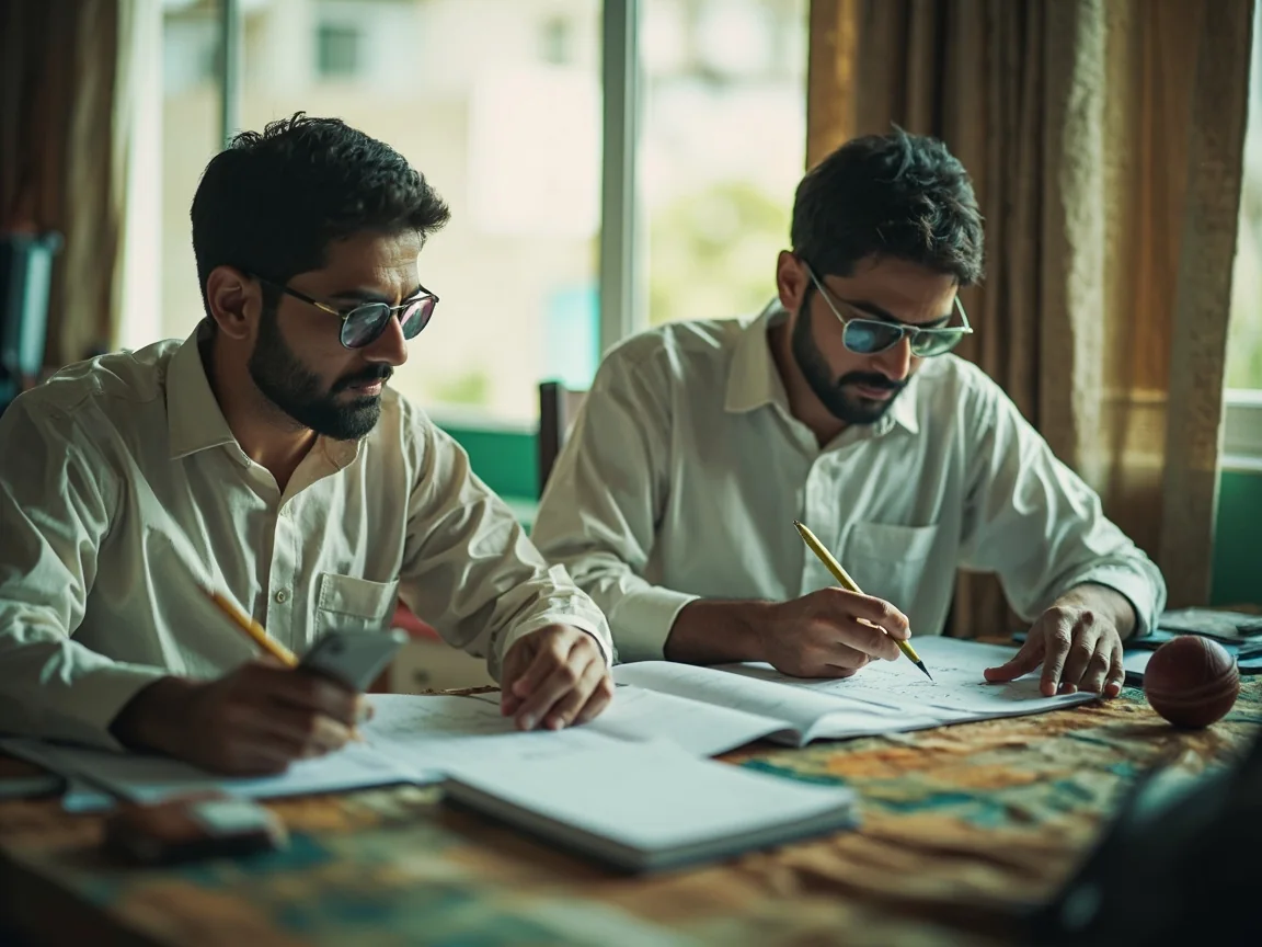 Two editors at a tidy home desk comparing handwritten cricket statistics