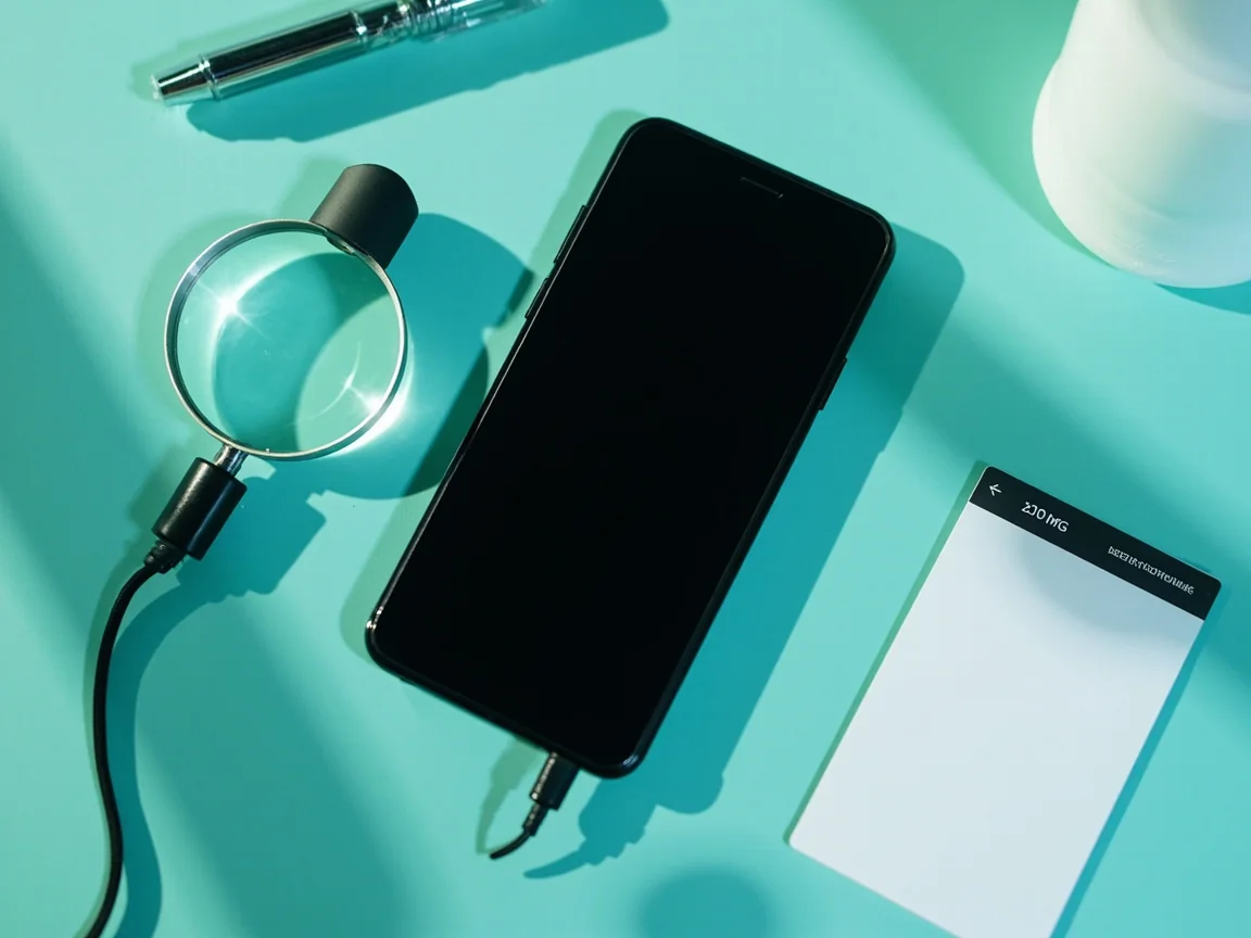 Unbranded Android phone with black screen beside a magnifying glass, USB cable and blank verification card