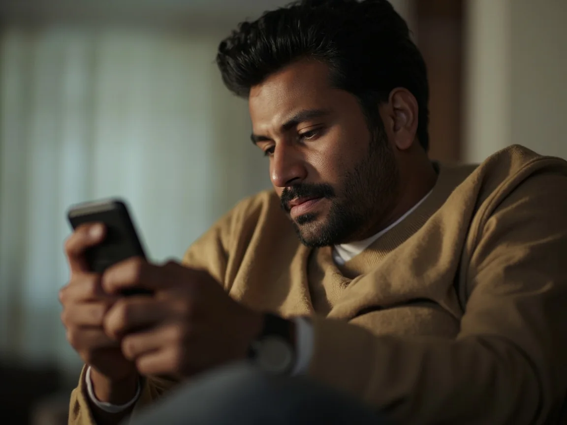 Adult reviewing phone settings with display out of focus