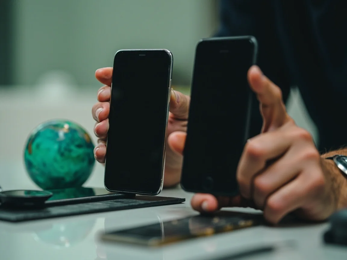 Adult comparing an older phone and a newer phone on a clean repair counter