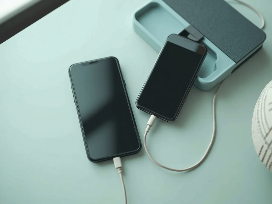 Two unbranded smartphones of different sizes on a mint-gray tabletop