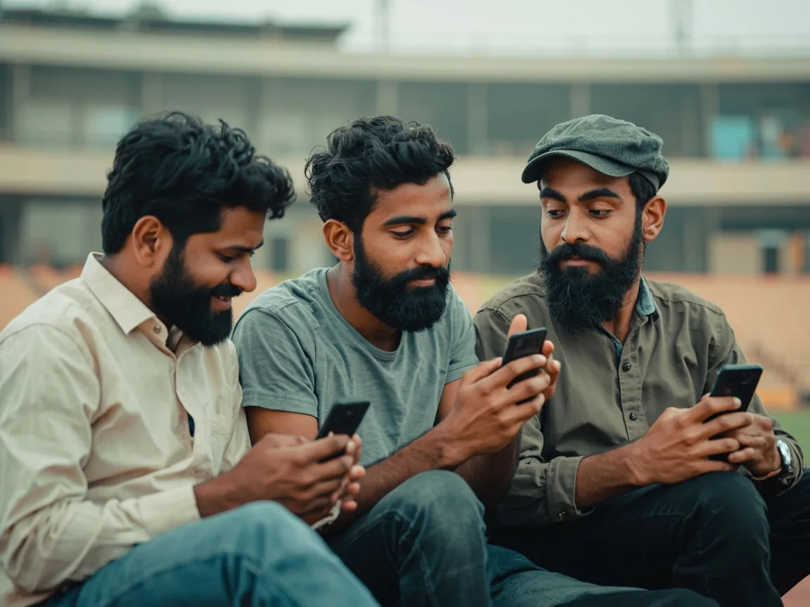 Three adult friends discussing cricket selections on outdoor stadium seating
