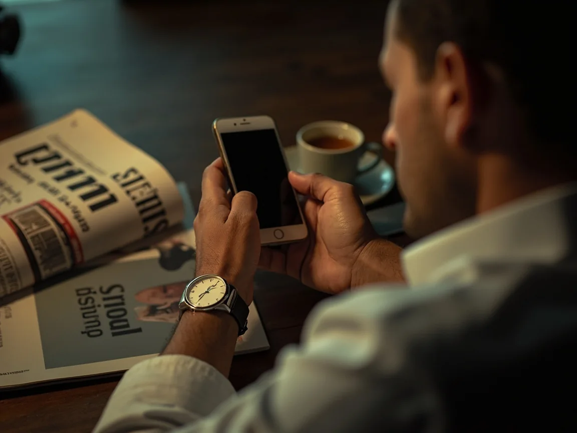 Indian adult placing a phone face down beside a wristwatch after a short fantasy-cricket session