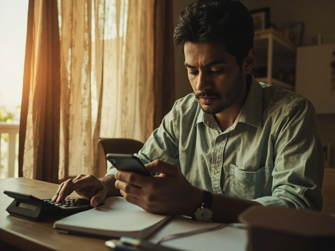 Adult setting a small personal entertainment budget with a calculator and blank notebook