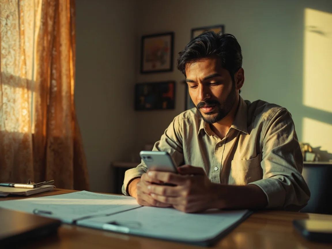 Adult calmly checking a resolved issue with phone screen turned away, blank checklist and pen nearby