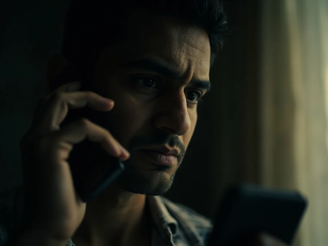 Adult pausing before answering an unknown phone call, screen unreadable