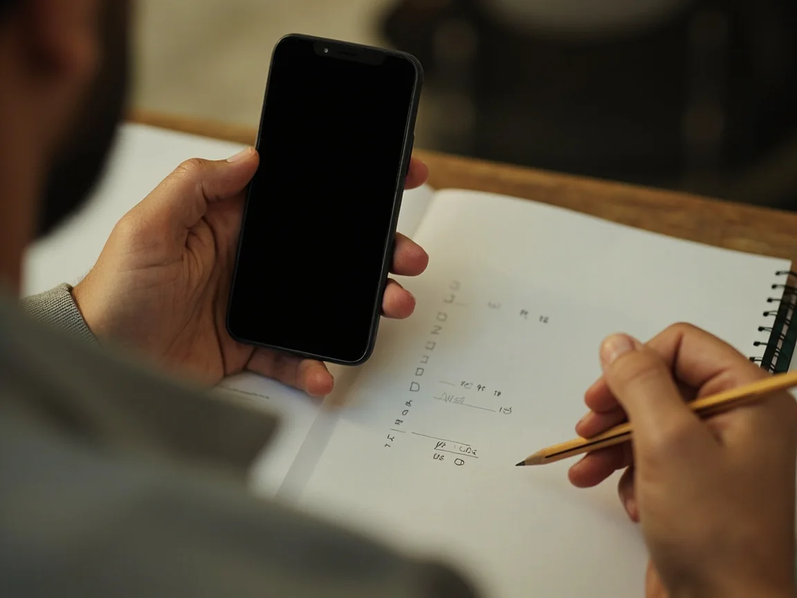 Adult setting a phone down beside a handwritten blank checklist and pencil after installation