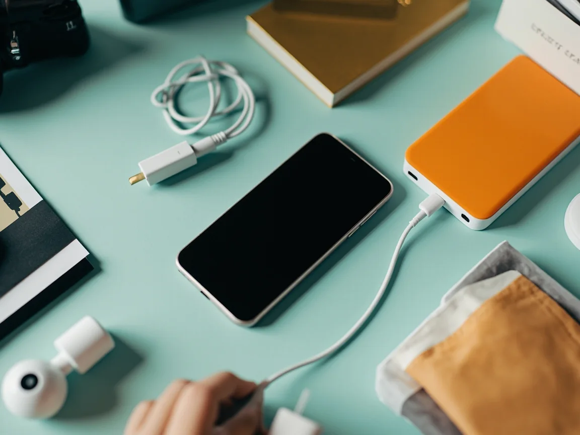 Unbranded smartphone with dark screen, charging lead, compact power bank and personal items on a real desk