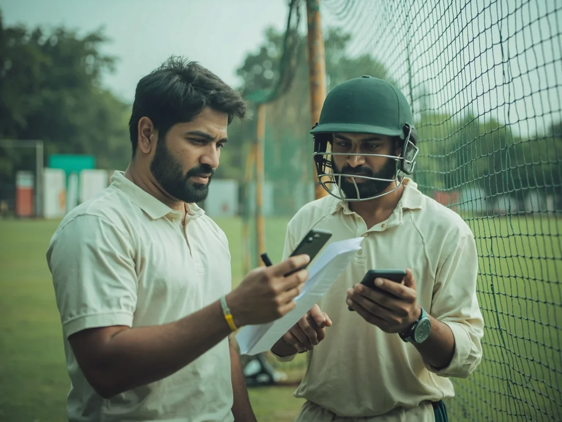 Two adults comparing player notes beside a cricket practice net