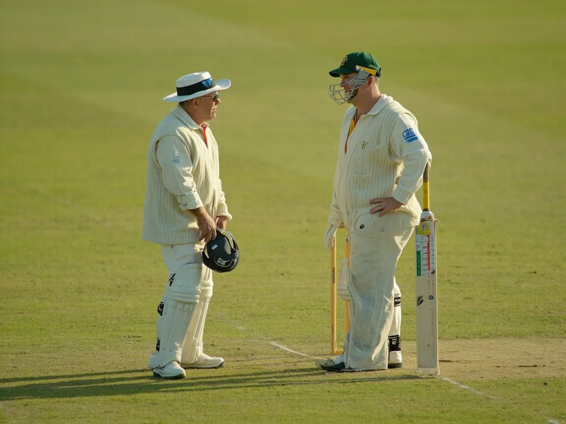 Cricket pitch being inspected before play with morning light across the surface