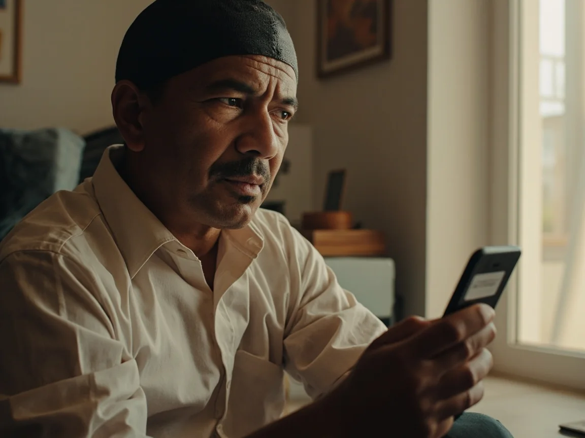 Adult reviewing eligibility information privately, phone display angled away