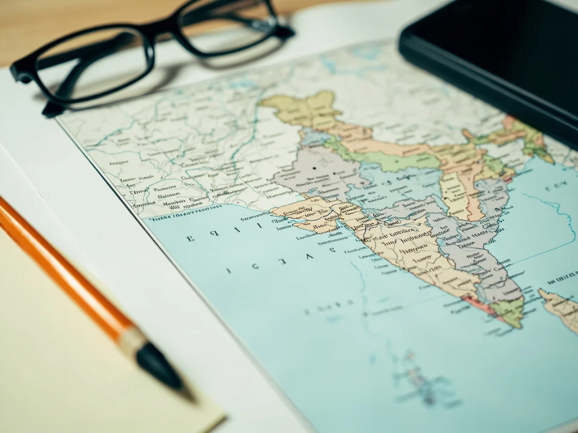 Unmarked paper map of India without labels, reading glasses, blank legal notes, pencil and phone face down on a real desk