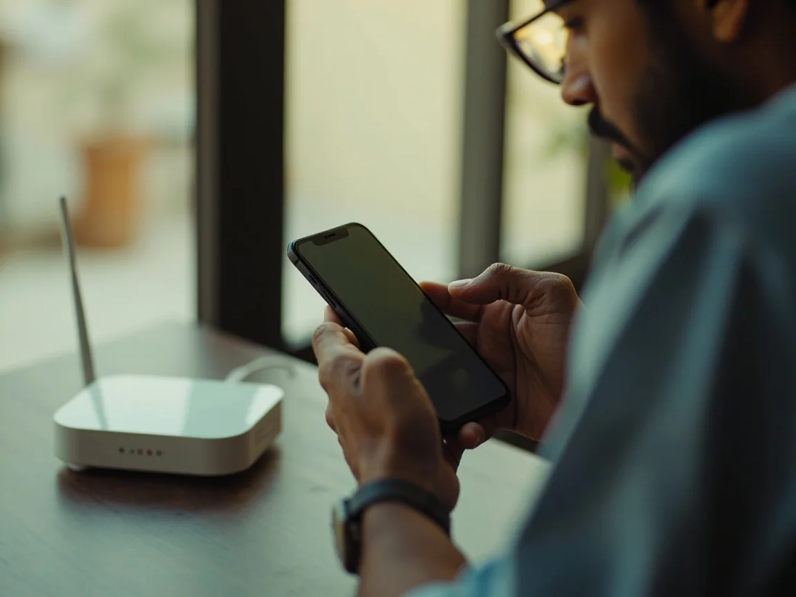 Adult checking a phone beside a home Wi-Fi router and charging cable