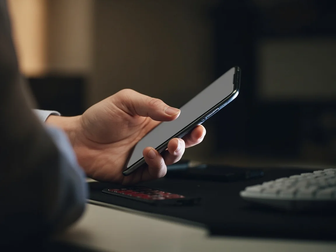 Adult using a password manager on a phone in a private home setting