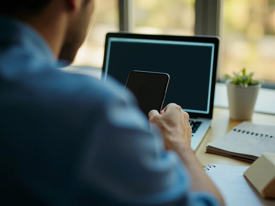 Researcher checking domain provenance on a laptop with screen deliberately unreadable
