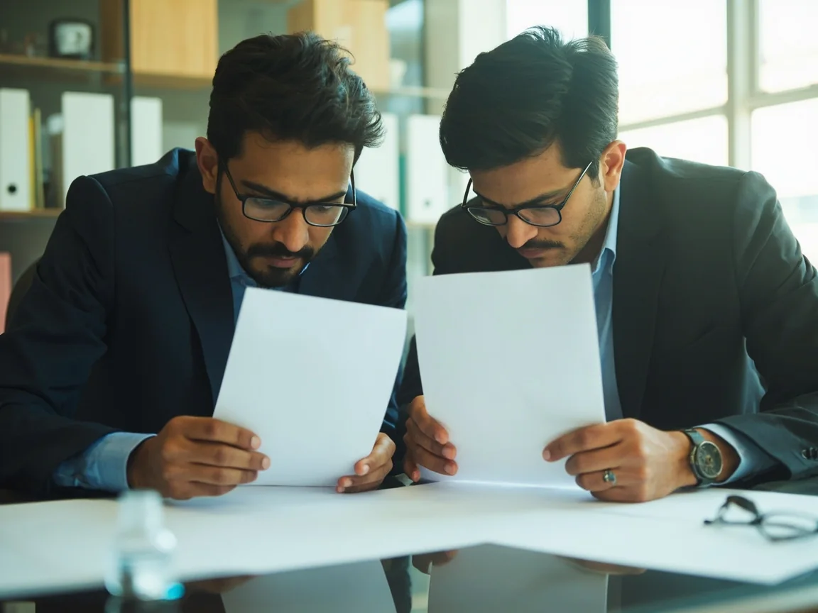 Two editors independently checking blank source documents at a shared desk