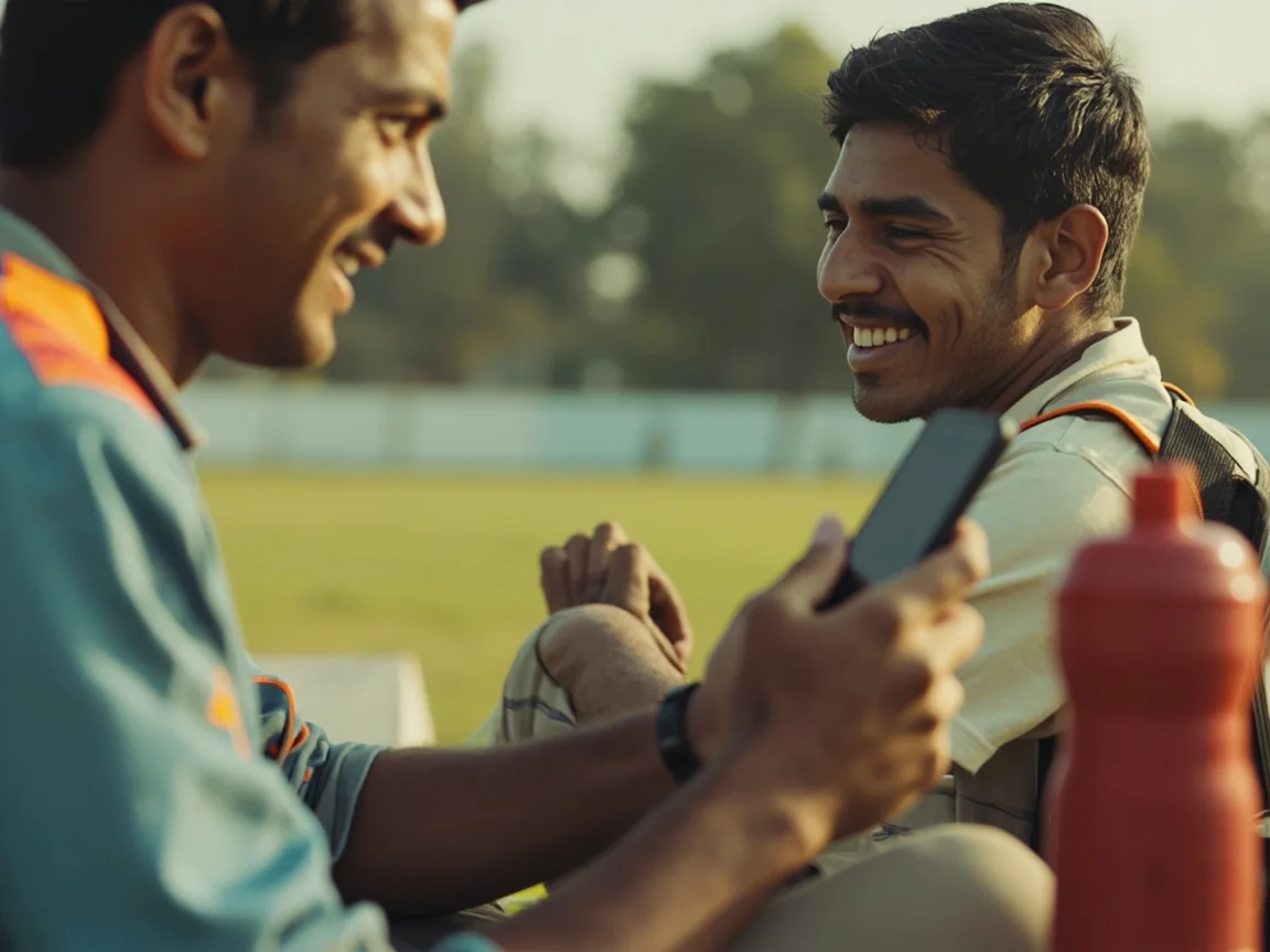Adult showing another adult a phone while the screen remains invisible, both seated naturally after a cricket practice