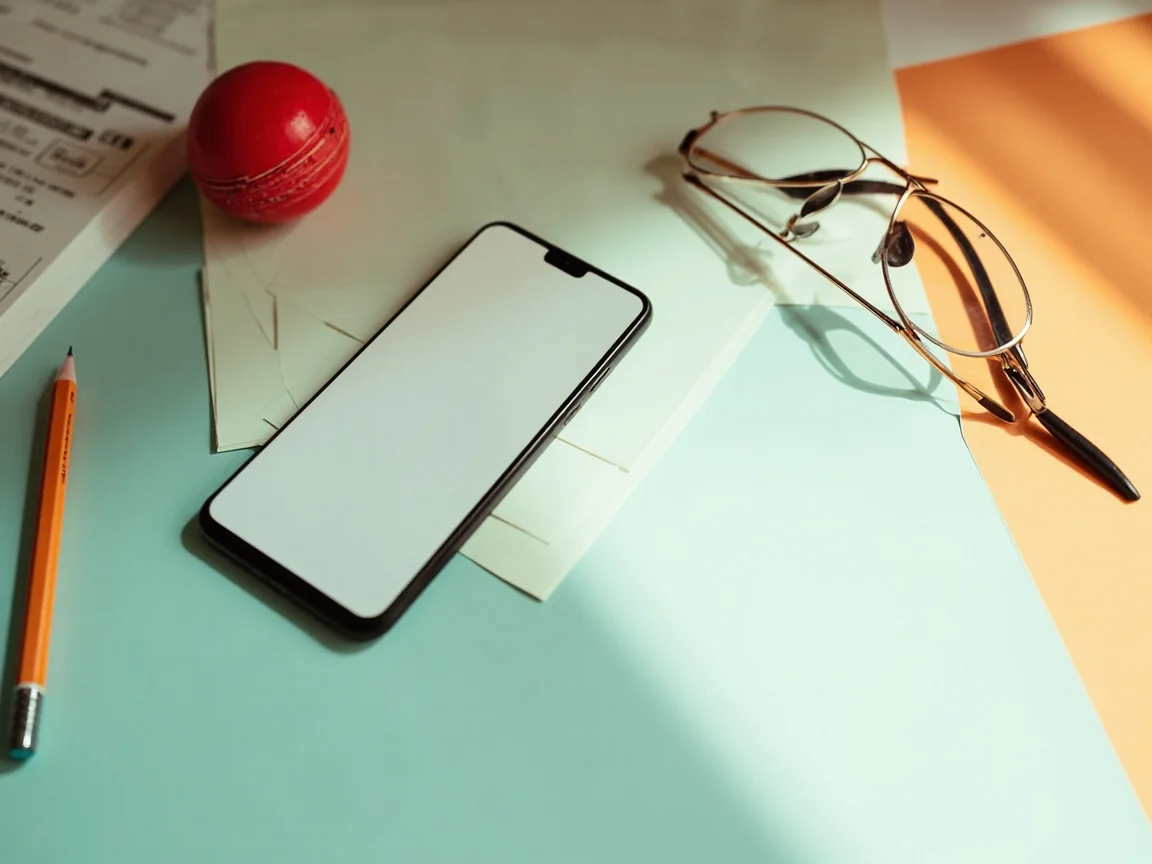 Phone face down beside blank terms cards, reading glasses, pencil and cricket ball on a clean desk