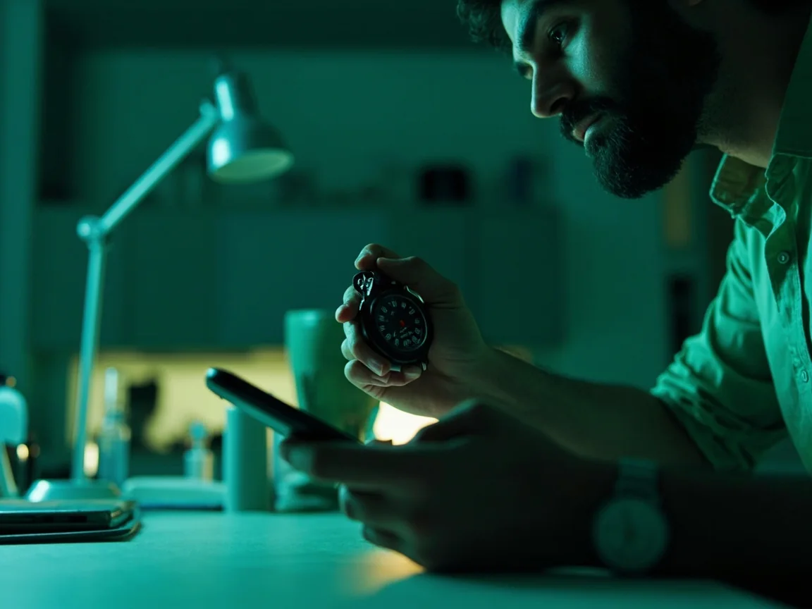 Adult timing a phone task with a physical stopwatch, phone display unreadable