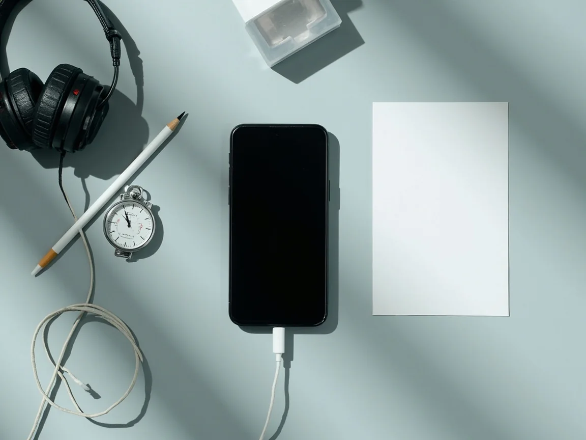 Unbranded smartphone with dark screen, stopwatch, blank test cards, pencil and charging cable on a mint-gray desk