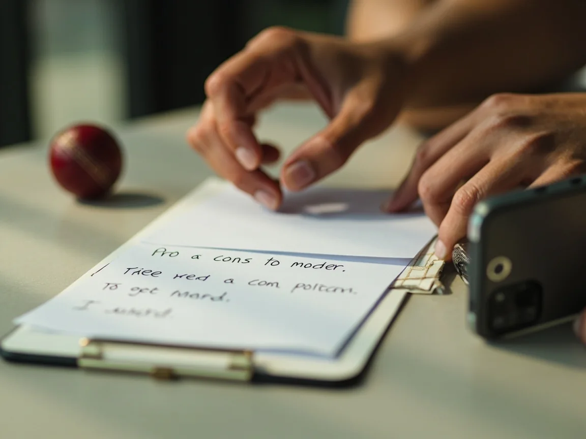 Reviewer arranging blank pros-and-cons cards beside a phone face down and cricket ball
